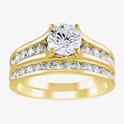 (G / Si2) Womens 2 CT. T.W. Lab Grown White Diamond 10K Gold Round Side Stone Bridal Set