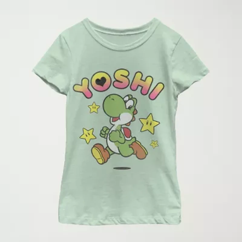 Yoshi Little & Big Kid Girls Crew Neck Short Sleeve Regular Fit Super Mario Graphic T-Shirt