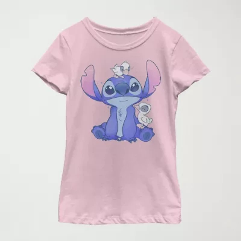 Disney Little & Big Kid Girls Crew Neck Short Sleeve Slim Fit Lilo Stitch Graphic T-Shirt