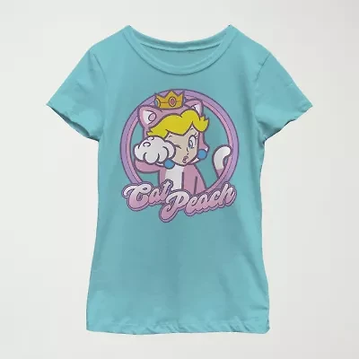 Princess Peach Little & Big Kid Girls Crew Neck Short Sleeve Slim Fit Super Mario Graphic T-Shirt
