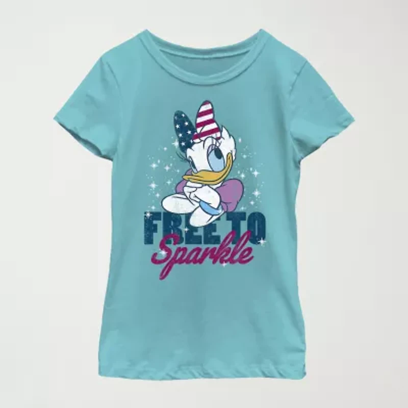 Disney Little & Big Kid Girls Crew Neck Short Sleeve Flag Slim Fit Mickey and Friends Graphic T-Shirt
