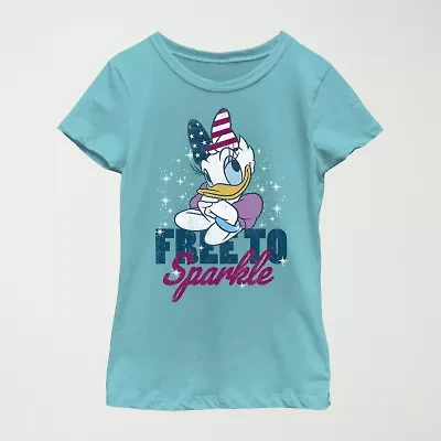 Disney Little & Big Kid Girls Crew Neck Short Sleeve Flag Slim Fit Mickey and Friends Graphic T-Shirt