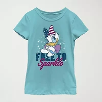 Disney Little & Big Kid Girls Crew Neck Short Sleeve Flag Slim Fit Mickey and Friends Graphic T-Shirt