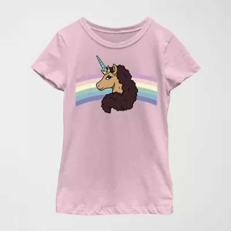 Little & Big Kid Girls Crew Neck Short Sleeve Regular Fit Afro Unicorn Graphic T-Shirt
