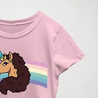 Little & Big Kid Girls Crew Neck Short Sleeve Regular Fit Afro Unicorn Graphic T-Shirt