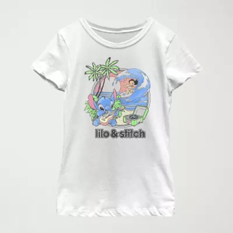 Disney Little & Big Kid Girls Crew Neck Short Sleeve Regular Fit Lilo Stitch Graphic T-Shirt