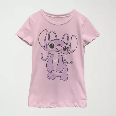 Little & Big Kid Girls Crew Neck Short Sleeve Slim Fit Lilo Stitch Graphic T-Shirt