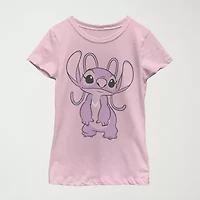 Little & Big Kid Girls Crew Neck Short Sleeve Slim Fit Lilo Stitch Graphic T-Shirt
