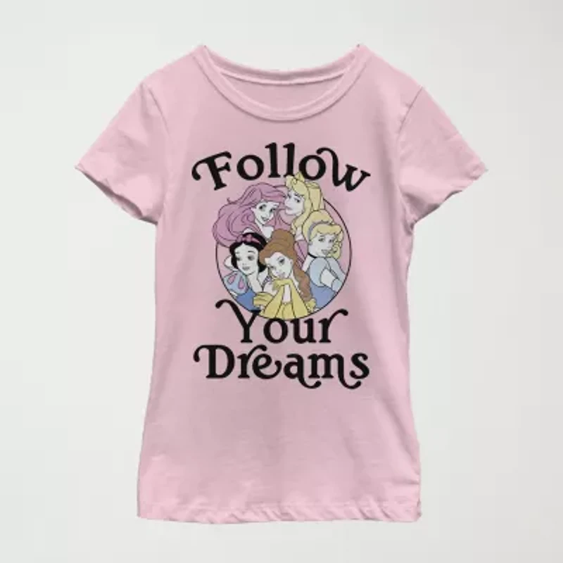 Follow Your Dreams Little & Big Kid Girls Crew Neck Short Sleeve Slim Fit Princess Graphic T-Shirt