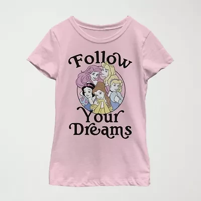Follow Your Dreams Little & Big Kid Girls Crew Neck Short Sleeve Slim Fit Princess Graphic T-Shirt