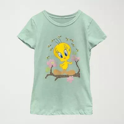 Tweety Little & Big Kid Girls Crew Neck Short Sleeve Regular Fit Looney Tunes Graphic T-Shirt