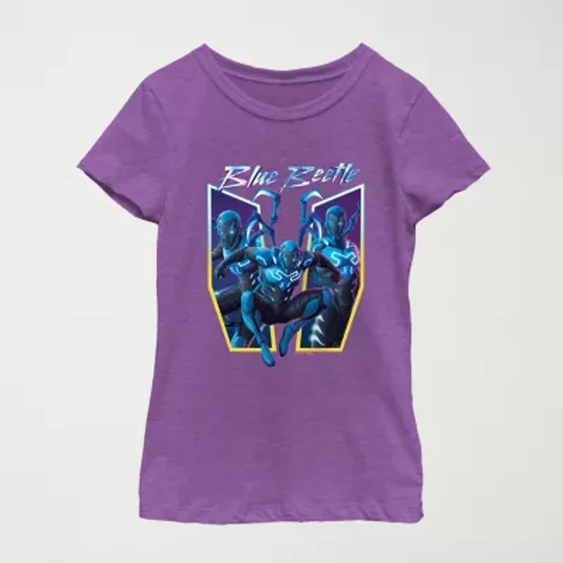 Little & Big Kid Girls Round Neck Short Sleeve Regular Fit Blue Beetle Graphic T-Shirt