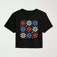 Red White Blue Daisies Cropped Womens Juniors Crew Neck Short Sleeve Classic Fit Graphic T-Shirt