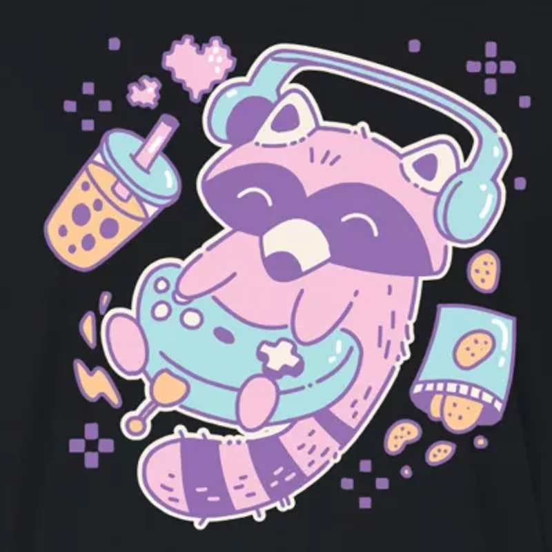 Kawaii Racoon Gamer Cropped Womens Juniors Crew Neck Short Sleeve Classic Fit Graphic T-Shirt