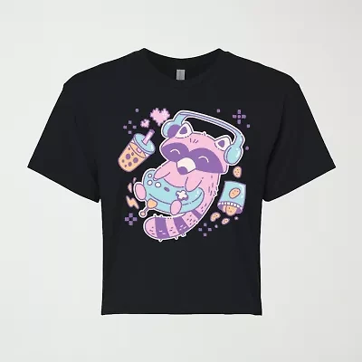Kawaii Racoon Gamer Cropped Womens Juniors Crew Neck Short Sleeve Classic Fit Graphic T-Shirt