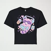 Kawaii Racoon Gamer Cropped Womens Juniors Crew Neck Short Sleeve Classic Fit Graphic T-Shirt
