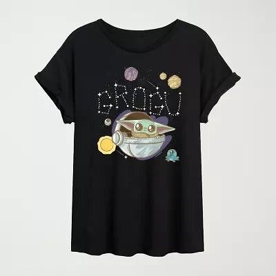 Grogu Space Womens Juniors Crew Neck Short Sleeve Oversized Baby Yoda Star Wars Graphic T-Shirt