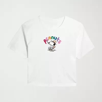 Colorful Painting Cropped Womens Juniors Crew Neck Short Sleeve Classic Fit Peanuts Snoopy Graphic T-Shirt