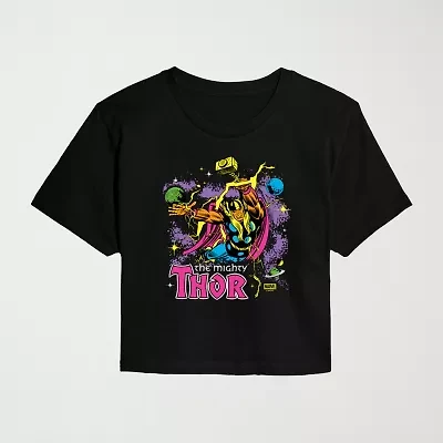 The Mighty Thor Neon Cropped Womens Juniors Crew Neck Short Sleeve Classic Fit Marvel Graphic T-Shirt