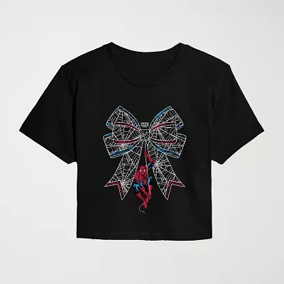 Cute Web Bow Cropped Womens Juniors Crew Neck Short Sleeve Classic Fit Marvel Spiderman Graphic T-Shirt