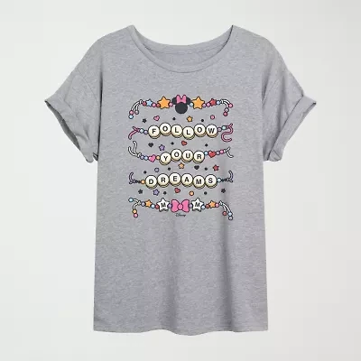 Friendship Bracelet Womens Juniors Crew Neck Short Sleeve Oversized Minnie Mouse Graphic T-Shirt