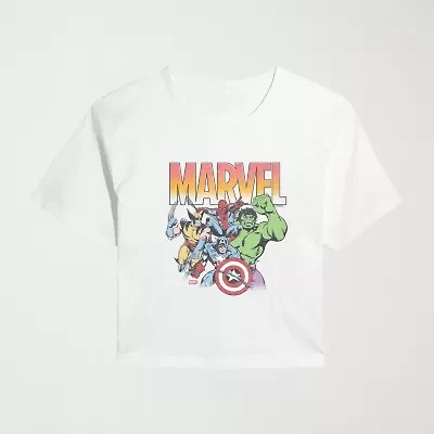 Summer Avengers Vintage Faded Cropped Womens Juniors Crew Neck Short Sleeve Classic Fit Marvel Graphic T-Shirt