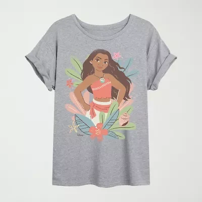 Moana Floral Vintage Faded Womens Juniors Crew Neck Short Sleeve Oversized Graphic T-Shirt
