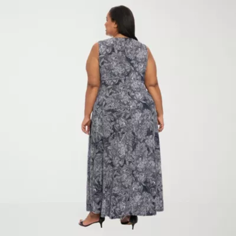 London Times Womens Plus Round Neck Sleeveless Maxi Dress