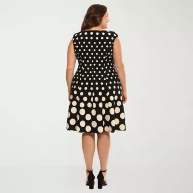 London Times Womens Plus Round Neck Sleeveless Cap Polka Dot Fit + Flare Dress