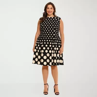 London Times Womens Plus Round Neck Sleeveless Cap Polka Dot Fit + Flare Dress