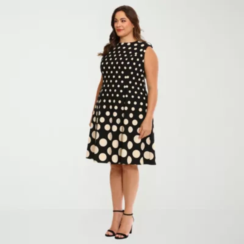 London Times Womens Plus Round Neck Sleeveless Cap Polka Dot Fit + Flare Dress