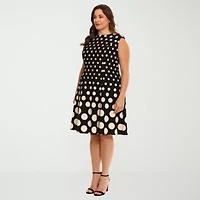 London Times Womens Plus Round Neck Sleeveless Cap Polka Dot Fit + Flare Dress