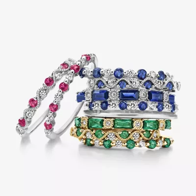 Modern Bride Lab-Created Gemstone and 1/10 CT.T.W. Lab-Grown Diamond 2MM Wedding Band in 10K Gold