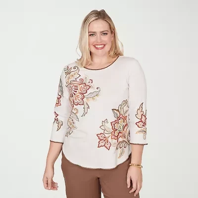 Alfred Dunner Spice Market Womens Crew Neck 3/4 Sleeve T-Shirt