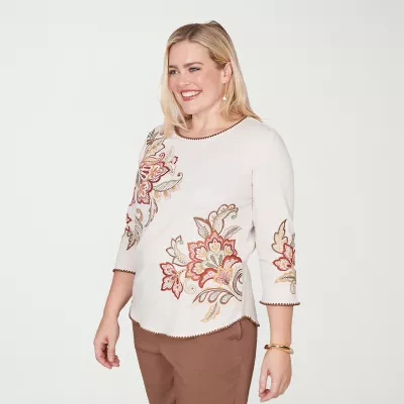 Alfred Dunner Spice Market Womens Crew Neck 3/4 Sleeve T-Shirt