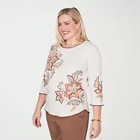 Alfred Dunner Spice Market Womens Crew Neck 3/4 Sleeve T-Shirt