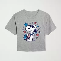 Americana Guitar Cropped Womens Juniors Crew Neck Short Sleeve Classic Fit Peanuts Snoopy Graphic T-Shirt