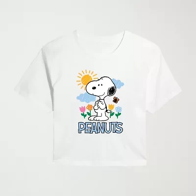 Sketchy Spring Cropped Womens Juniors Crew Neck Short Sleeve Classic Fit Peanuts Snoopy Graphic T-Shirt