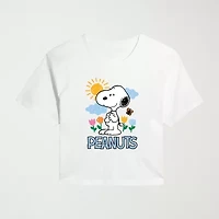 Sketchy Spring Cropped Womens Juniors Crew Neck Short Sleeve Classic Fit Peanuts Snoopy Graphic T-Shirt