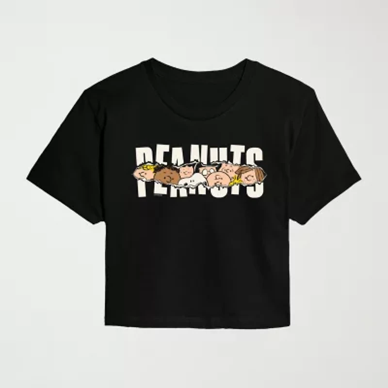 Ripped Logo Cropped Womens Juniors Crew Neck Short Sleeve Classic Fit Peanuts Snoopy Graphic T-Shirt