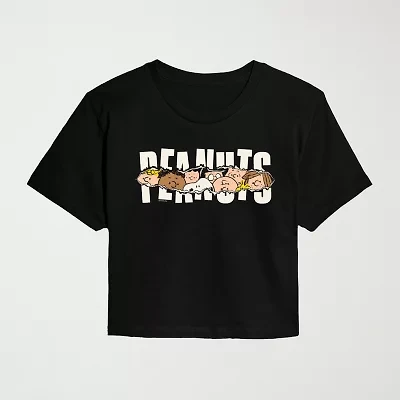 Ripped Logo Cropped Womens Juniors Crew Neck Short Sleeve Classic Fit Peanuts Snoopy Graphic T-Shirt