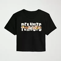 Ripped Logo Cropped Womens Juniors Crew Neck Short Sleeve Classic Fit Peanuts Snoopy Graphic T-Shirt