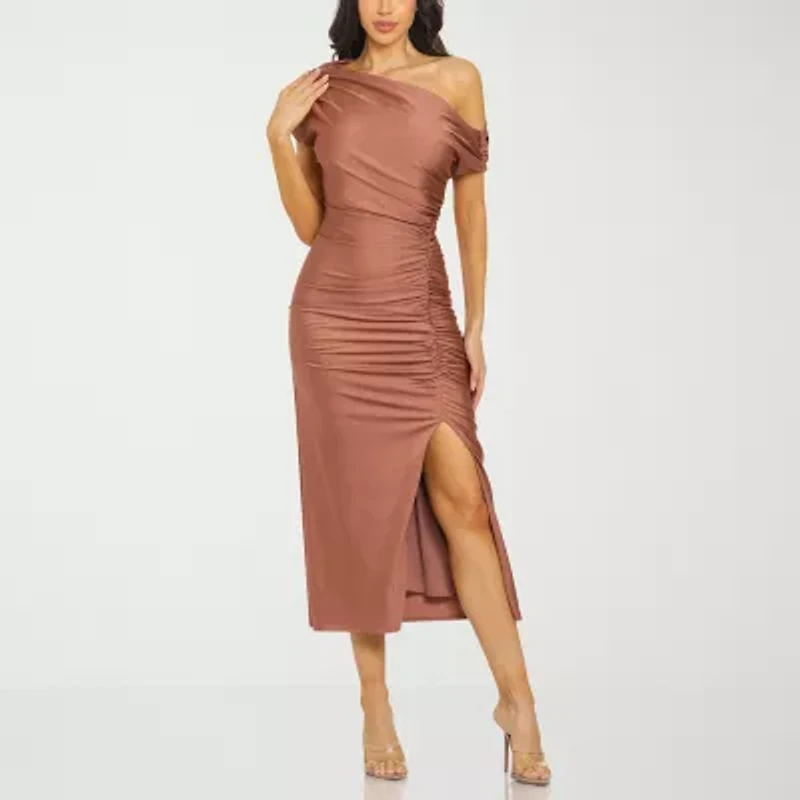 Premier Amour Petite One Shoulder Womens Short Sleeve Midi Sheath Dress