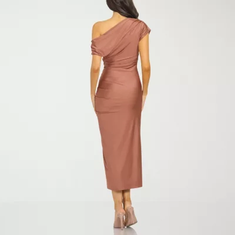 Premier Amour Petite One Shoulder Womens Short Sleeve Midi Sheath Dress