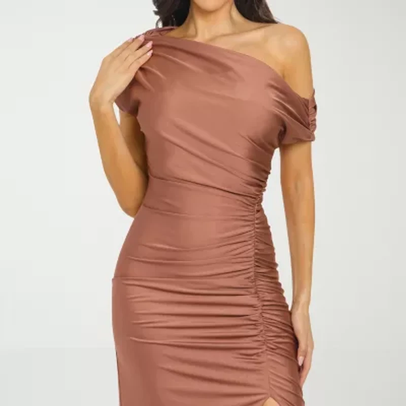 Premier Amour Petite One Shoulder Womens Short Sleeve Midi Sheath Dress