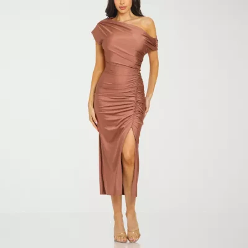 Premier Amour Petite One Shoulder Womens Short Sleeve Midi Sheath Dress