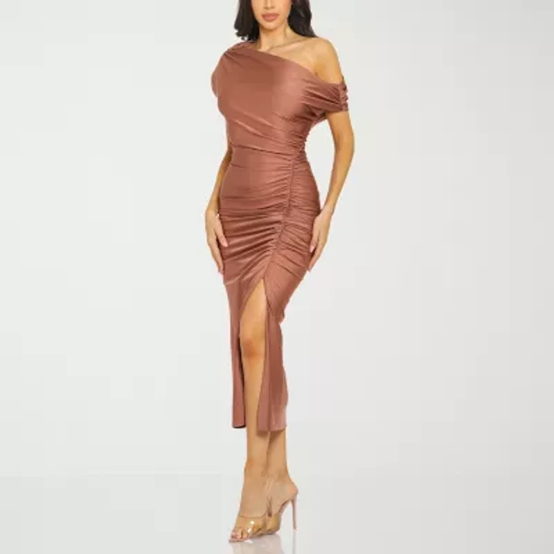Premier Amour Petite One Shoulder Womens Short Sleeve Midi Sheath Dress