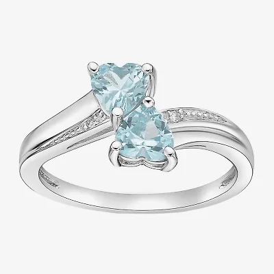 Womens Diamond Accent Lab Created Blue Aquamarine Sterling Silver Side Stone Cocktail Ring