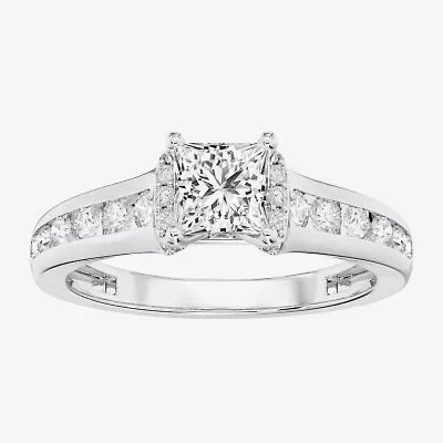 (F / Vs2) Womens 1 1/2 CT. T.W. Lab Grown White Diamond 10K Gold Side Stone Engagement Ring