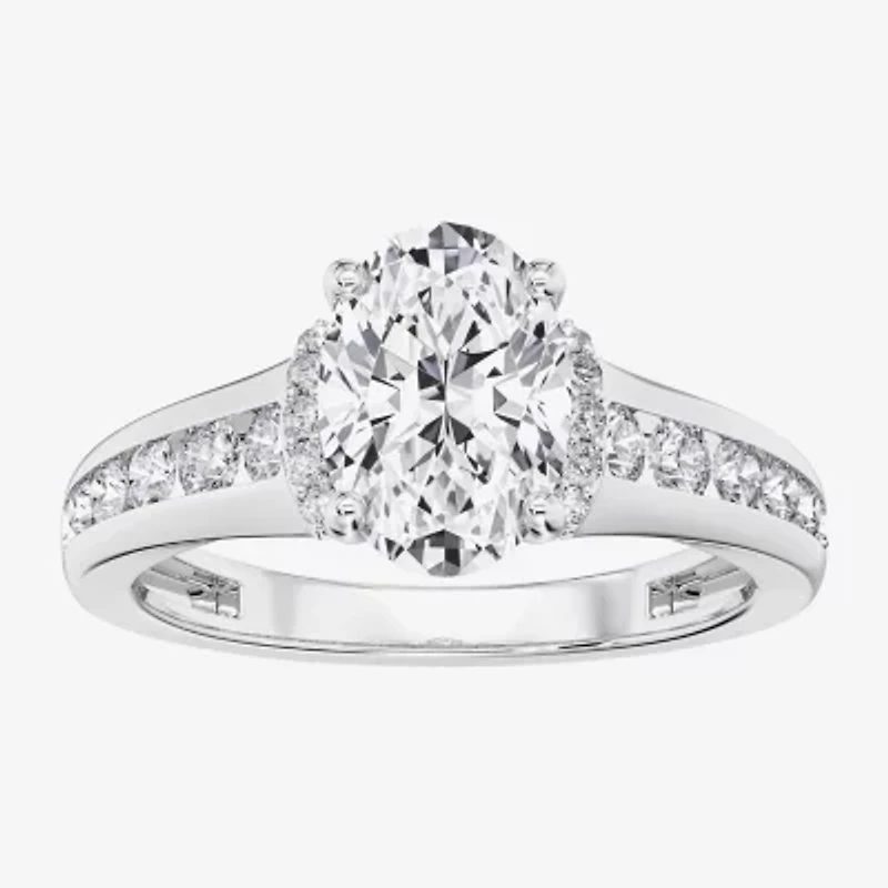 F / Vs2) Womens / CT. T.W. Lab Grown White Diamond 10K Gold Oval Side Stone Engagement Ring